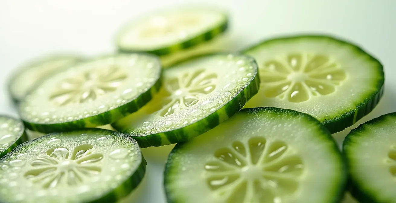 Macro ravvicinata di fette di cetriolo e anguria con gocce d'acqua visibili sulla superficie