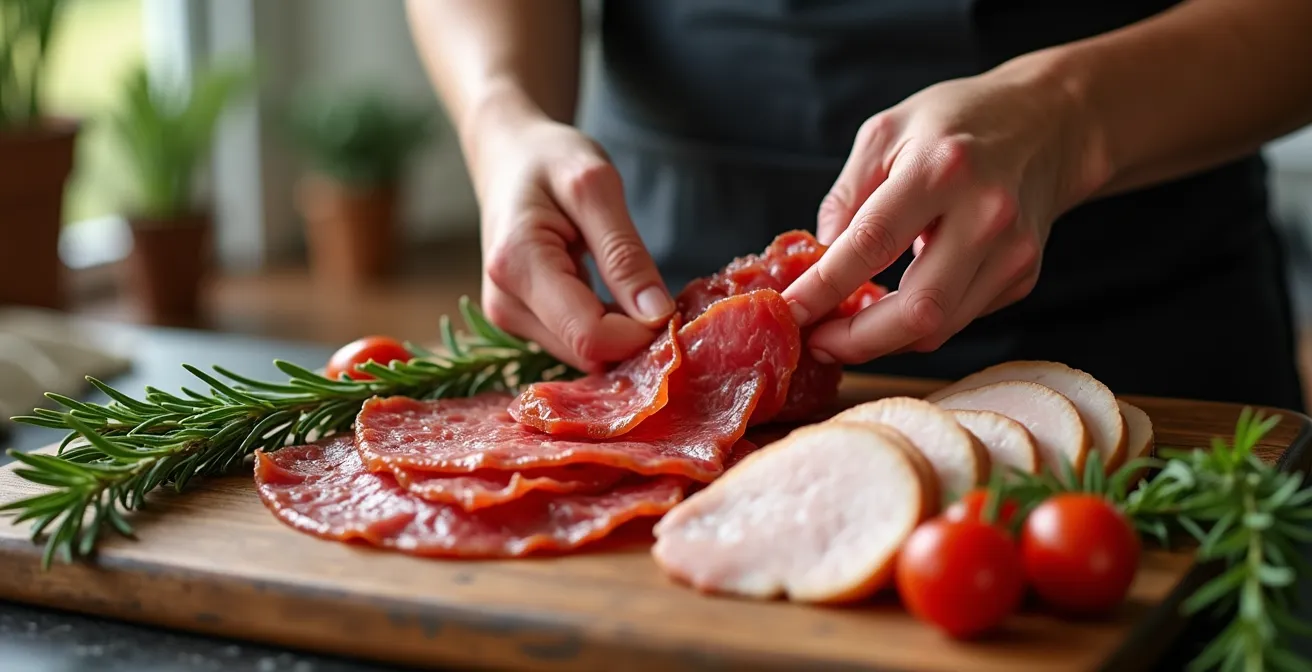 Selezione di affettati magri disposti su tagliere di legno con erbe aromatiche