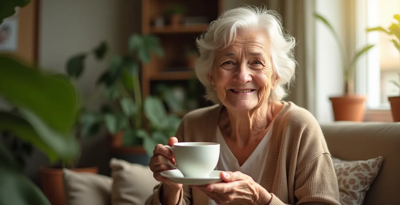 Anziana sorridente con tazza di tisana in un momento di convivialità