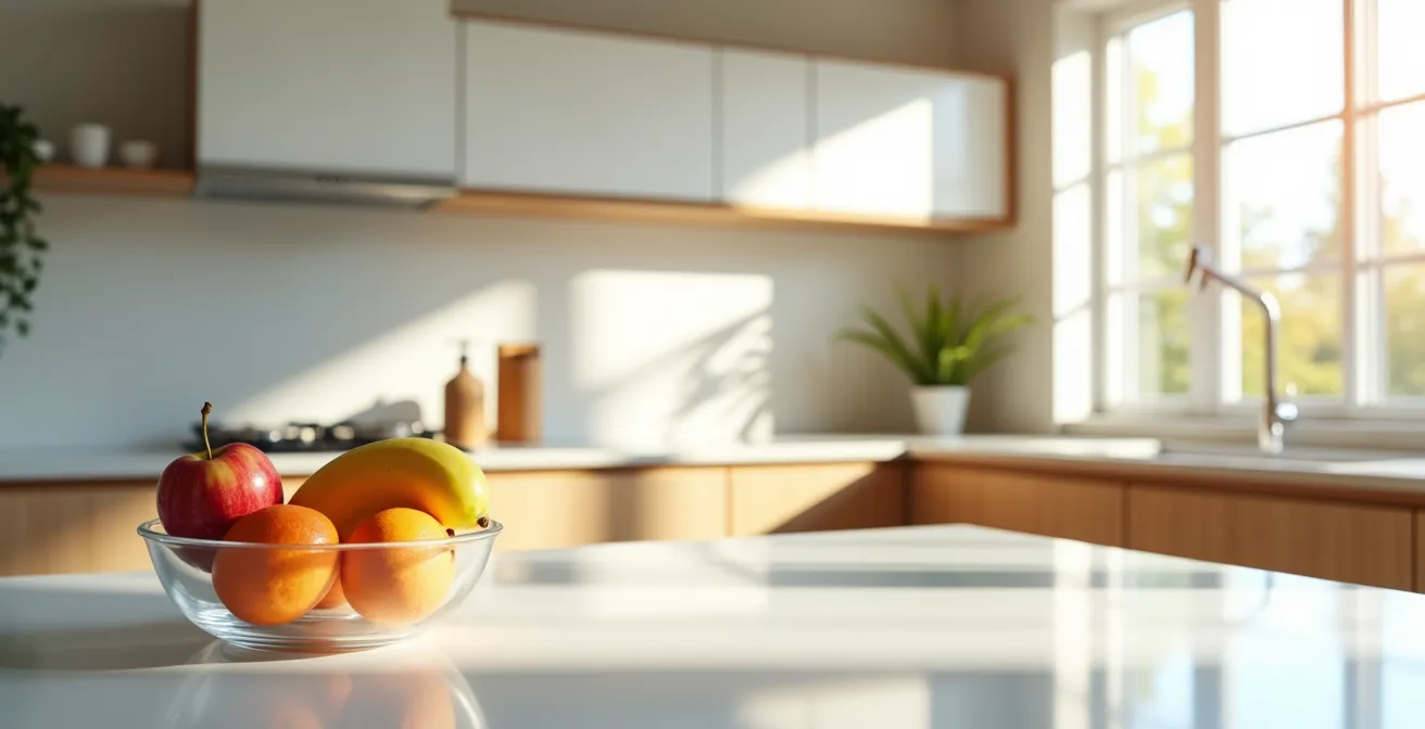 Cucina minimalista con frutta colorata in primo piano e snack nascosti in armadi alti sullo sfondo