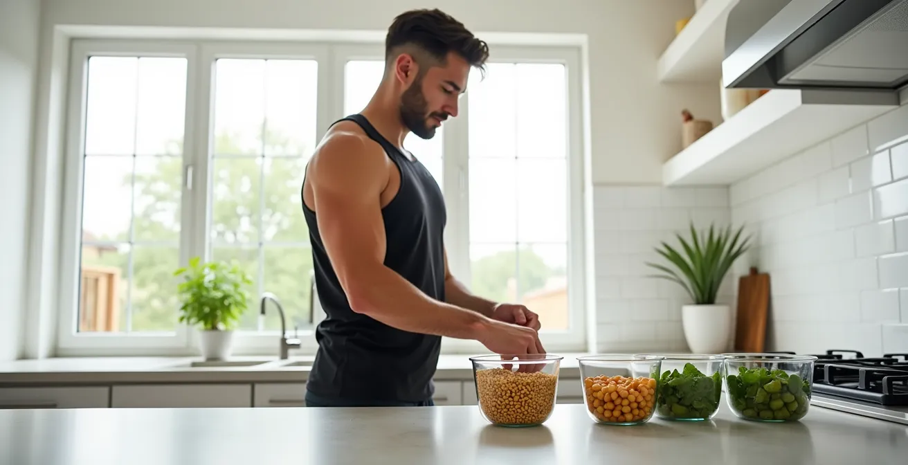 Atleta vegano in cucina minimalista preparando un pasto proteico bilanciato