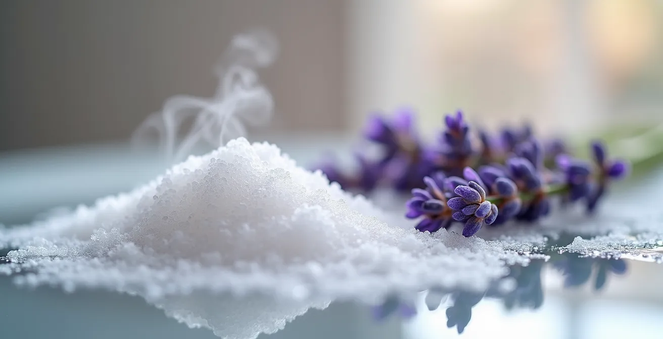 Vasca da bagno con sali di Epsom e rametti di lavanda in ambiente spa rilassante