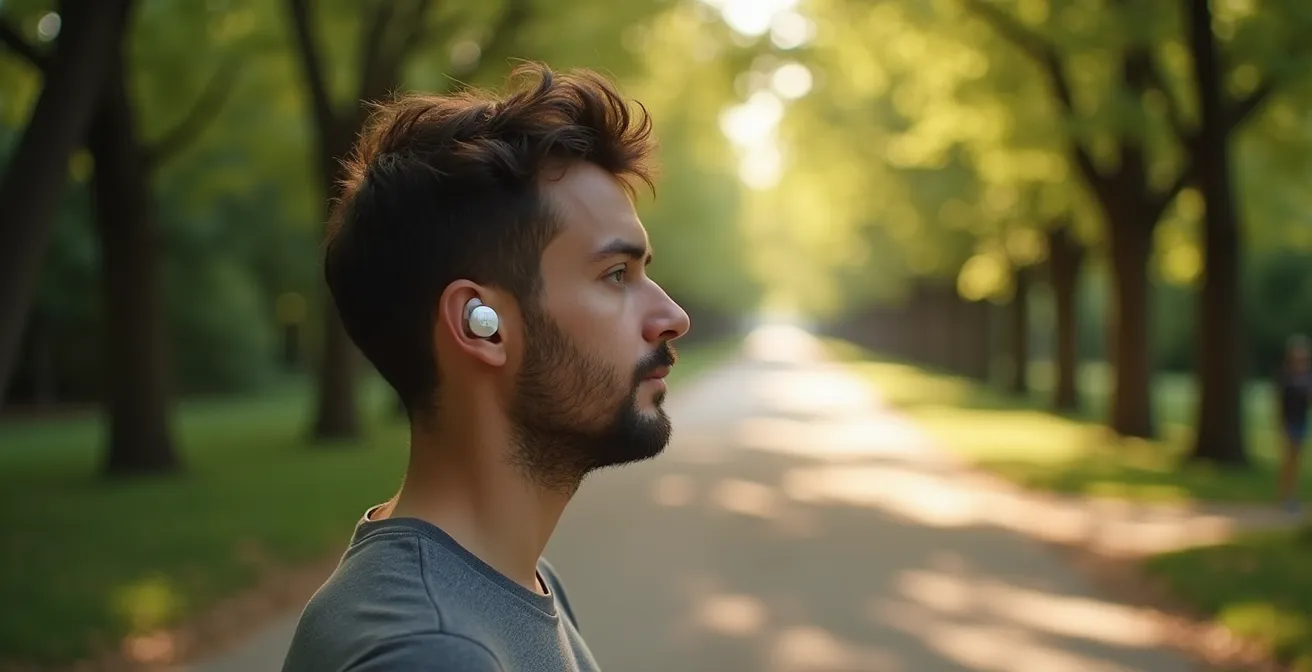 Persona che cammina nel parco con auricolari wireless