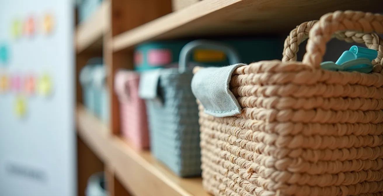 Angolo organizzativo familiare con lavagna e contenitori colorati