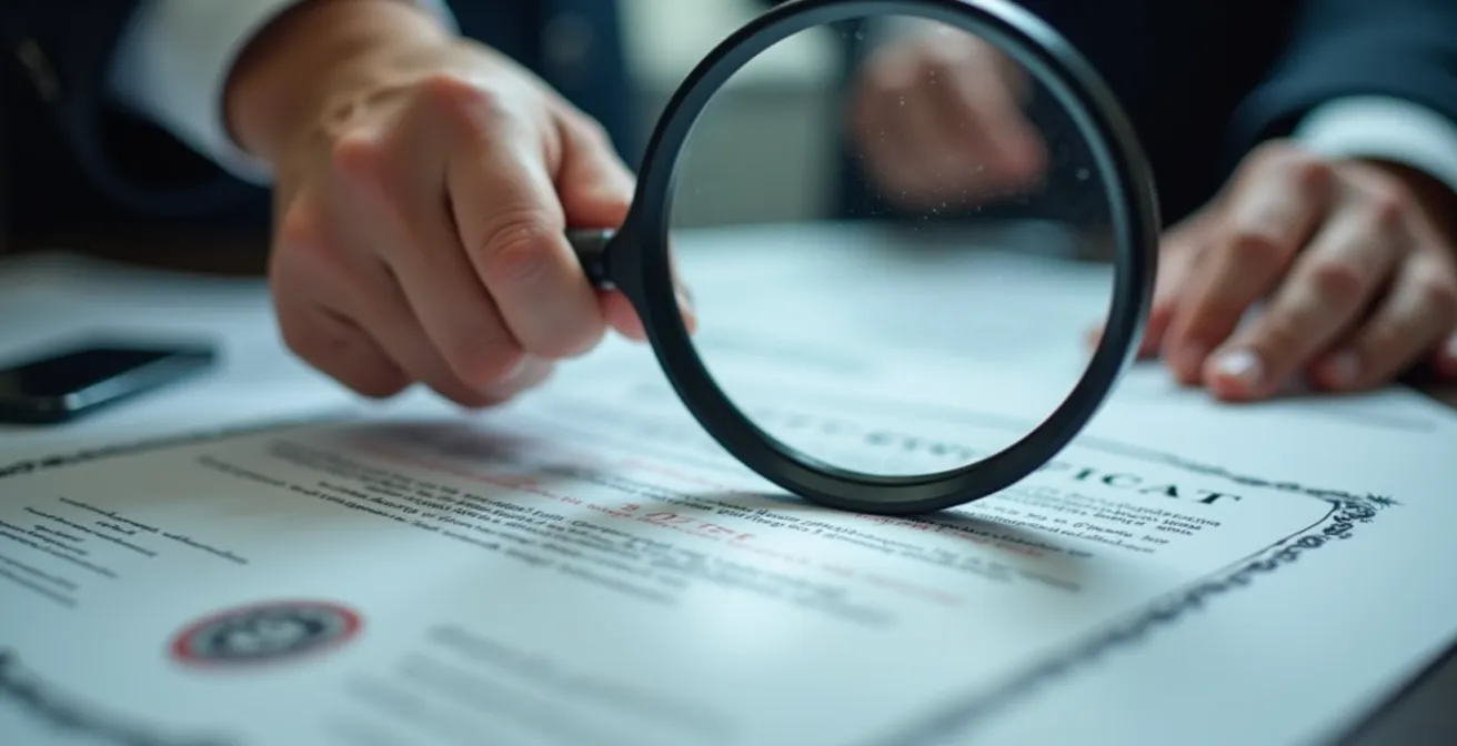 Mano di esperto che esamina un certificato di analisi con lente d'ingrandimento