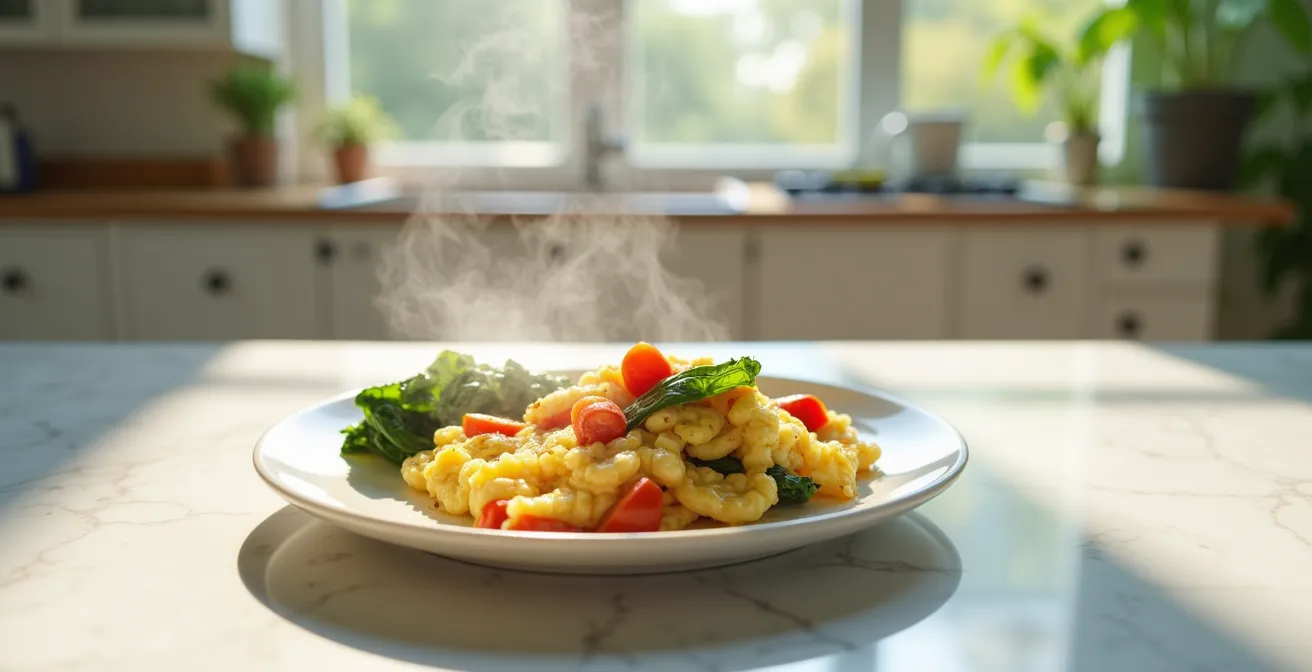 Piatto con uova strapazzate e verdure fresche per colazione anti-voglie