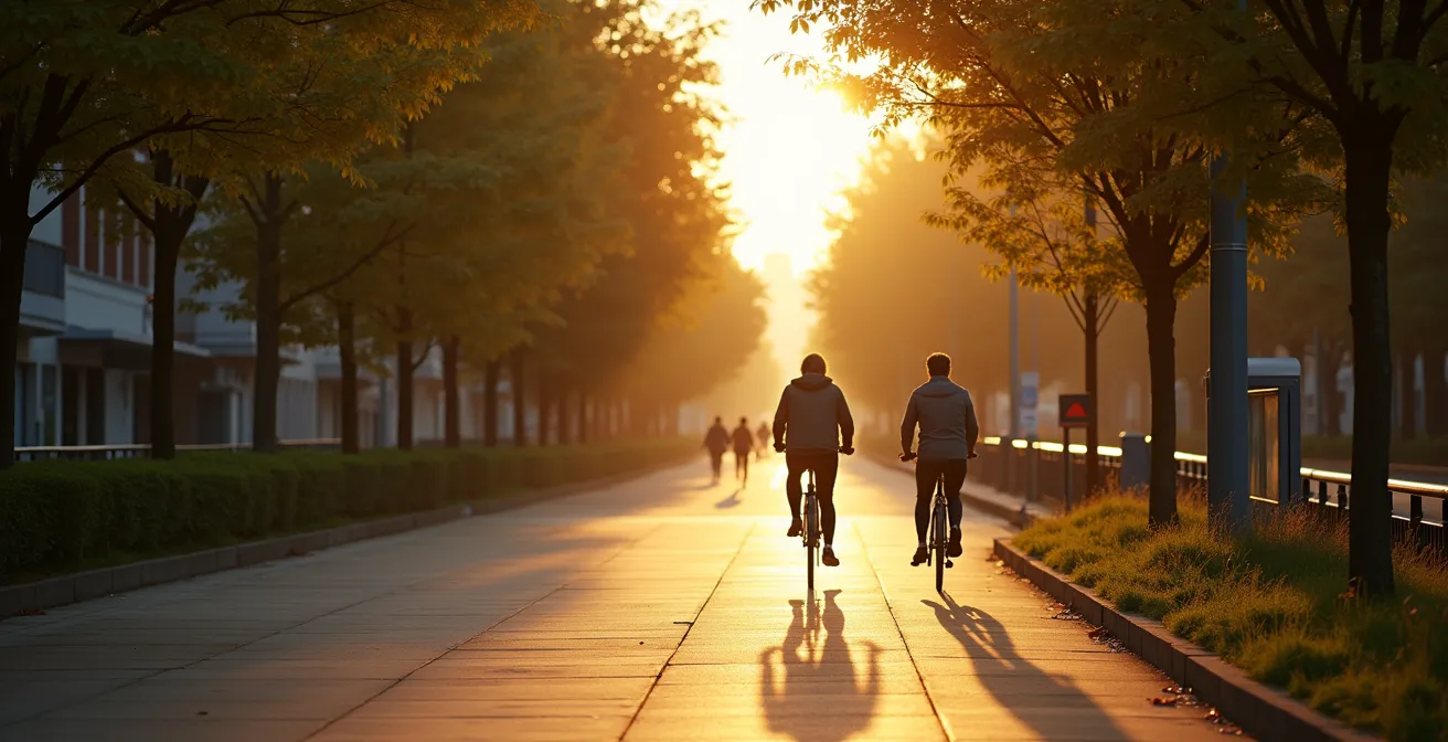 Vista ampia di percorso urbano con ciclista e pedone al mattino presto