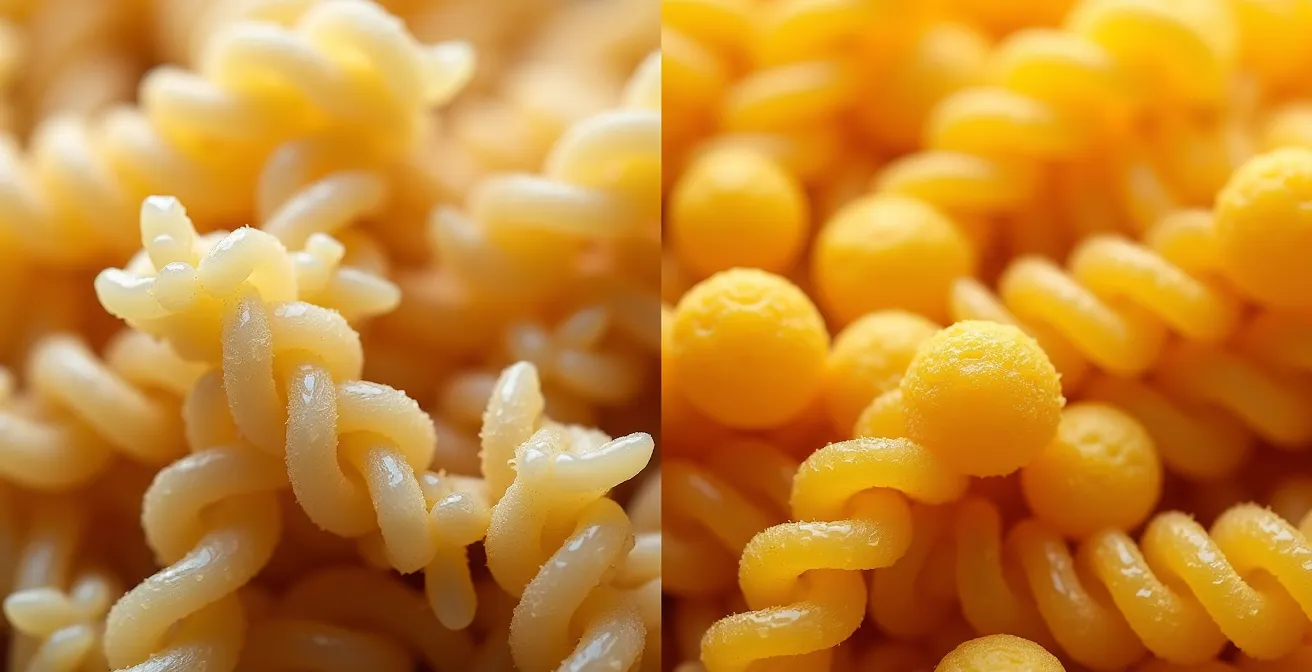 Dettaglio macro di pasta integrale e pasta di legumi con texture visibili