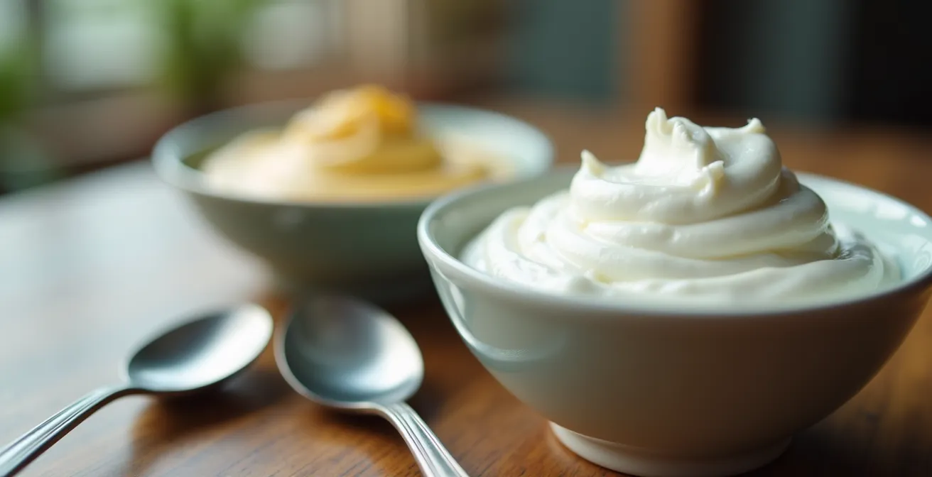 Confronto visivo tra yogurt greco cremoso e yogurt normale in ciotole di ceramica