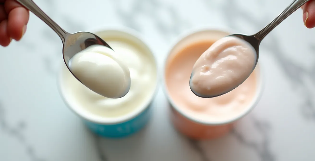 Vasetti di yogurt greco e tradizionale con cucchiai che mostrano diverse consistenze