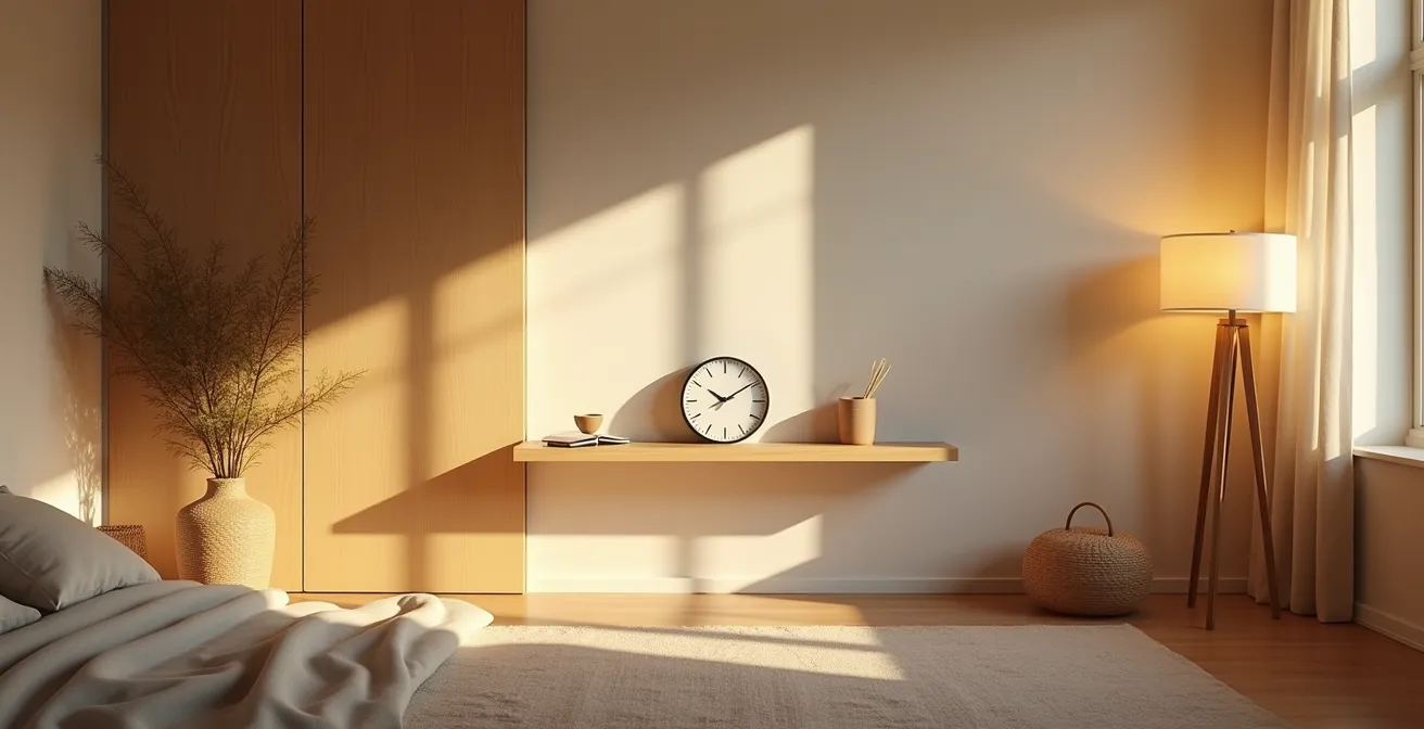 Ambiente minimalista con elementi che rappresentano diversi momenti della giornata