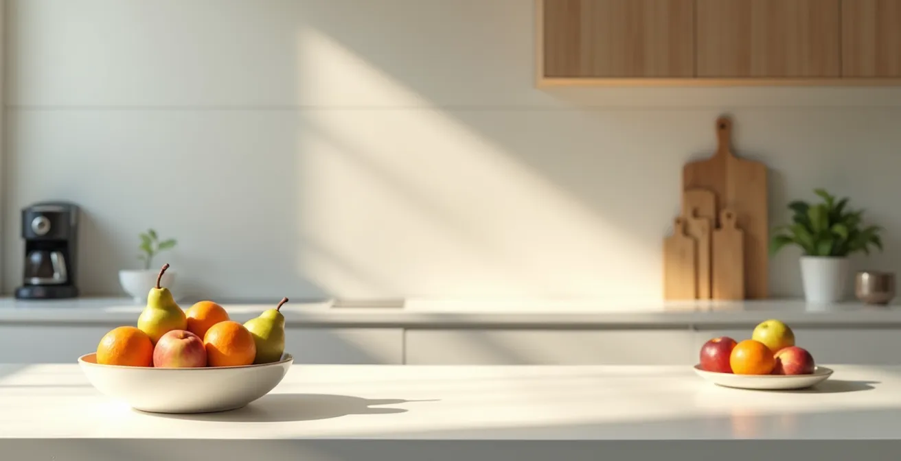 Cucina italiana moderna con frutta colorata disposta in primo piano in una ciotola elegante