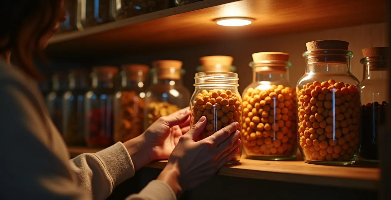 Barattoli di vetro con frutta secca e legumi organizzati su mensola