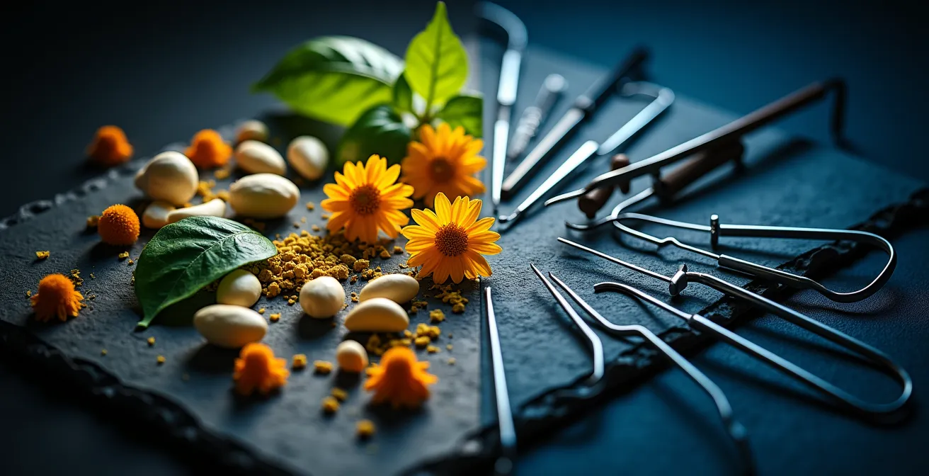 Composizione di erbe medicinali e flaconi di farmaci anestetici che illustra i rischi di interazione