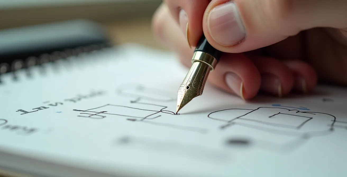 Macro dettaglio di una mano che scrive note su un quaderno con grafici e diagrammi