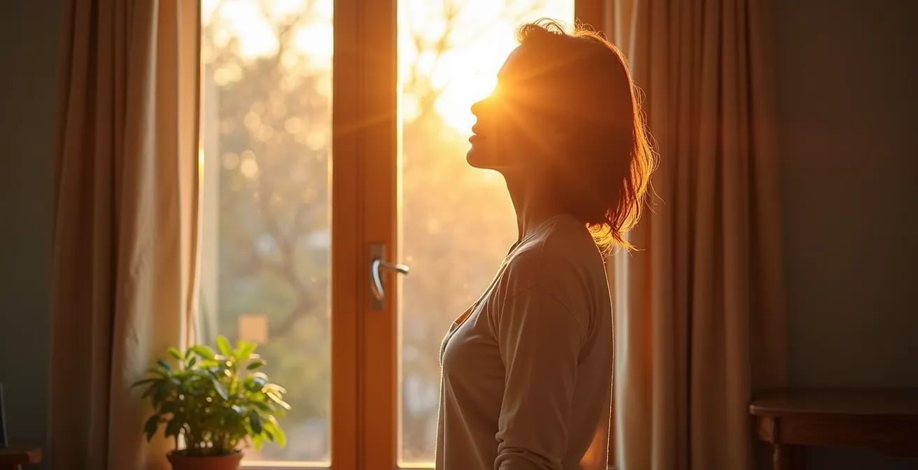 Persona che si espone alla luce naturale del mattino vicino a una finestra per sincronizzare il ritmo circadiano.
