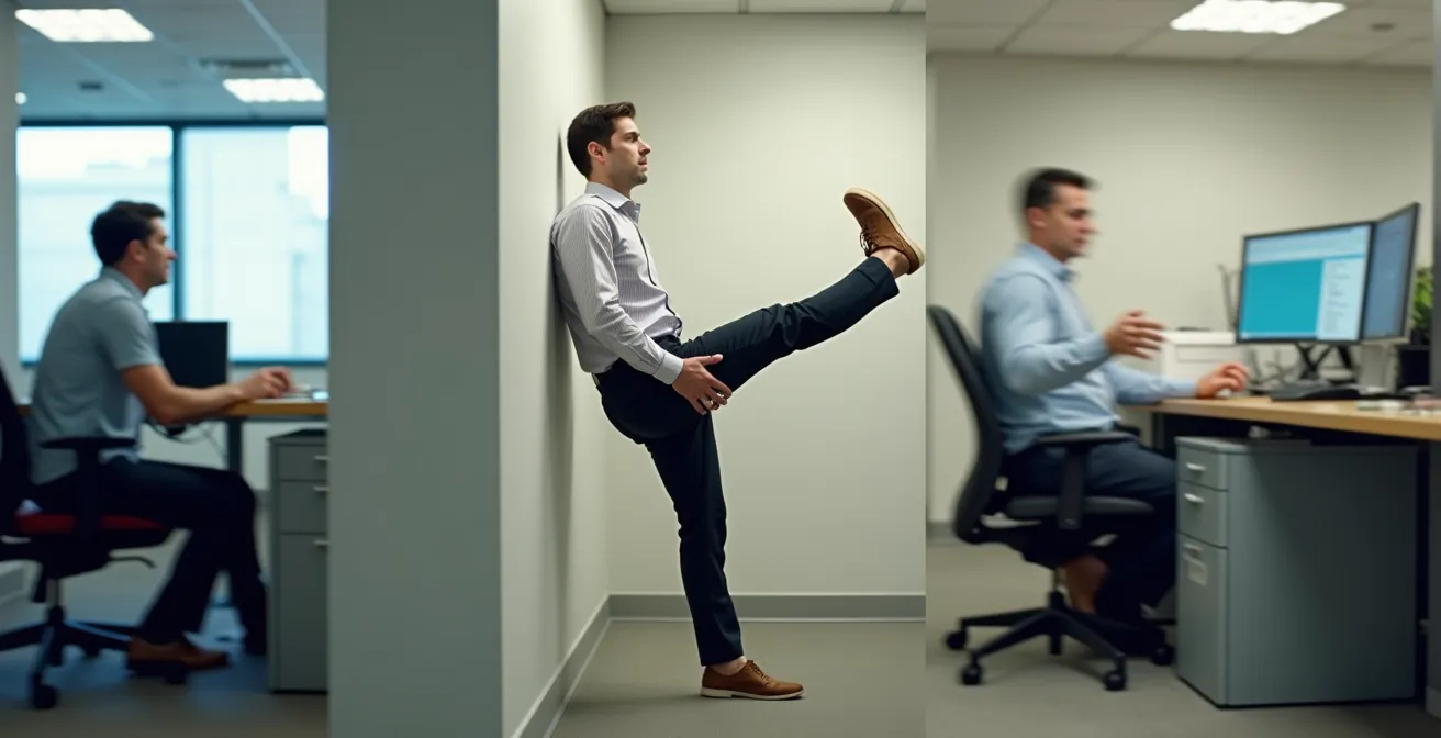 Serie di micro-esercizi da ufficio illustrati in sequenza dinamica