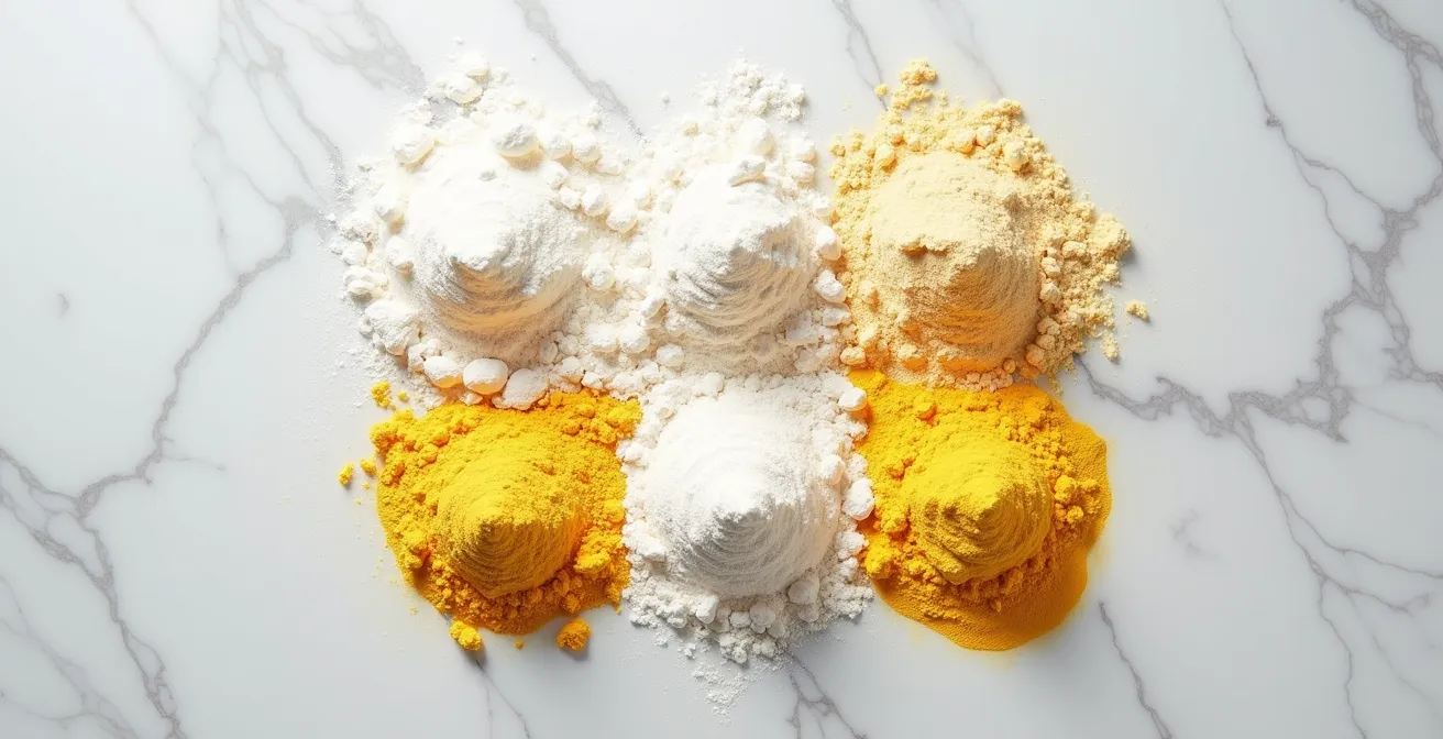 Dettaglio macro di diverse farine alternative disposte in pattern geometrico