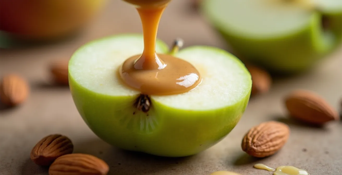 Composizione di mandorle, mela e burro di noci per combattere voglia di zucchero