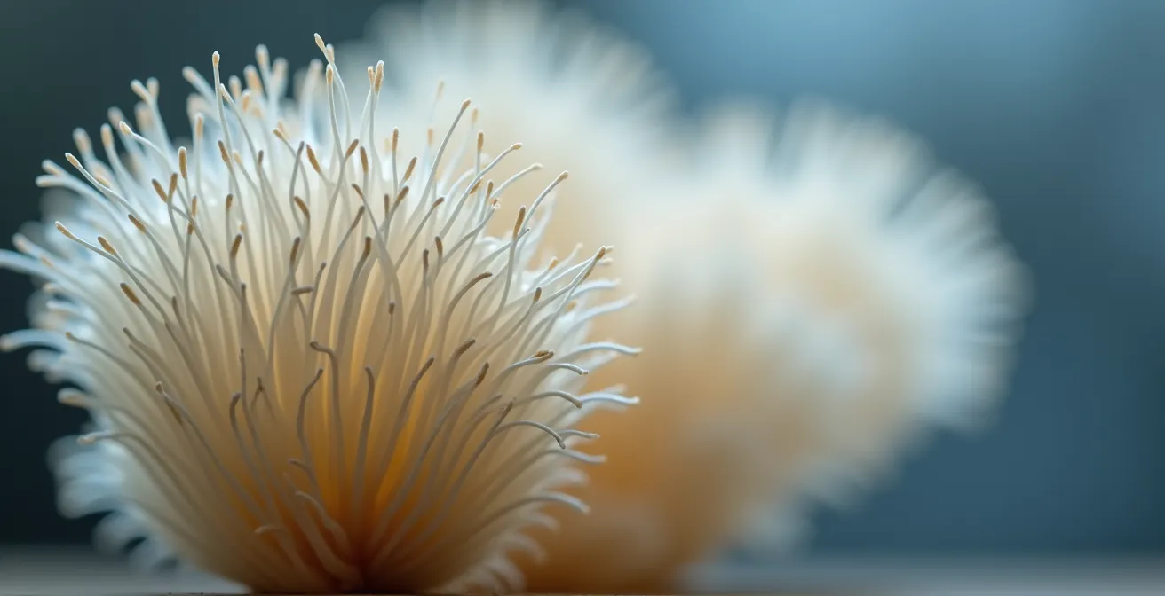 Dettaglio macro del fungo Lion's Mane con texture simile ai neuroni
