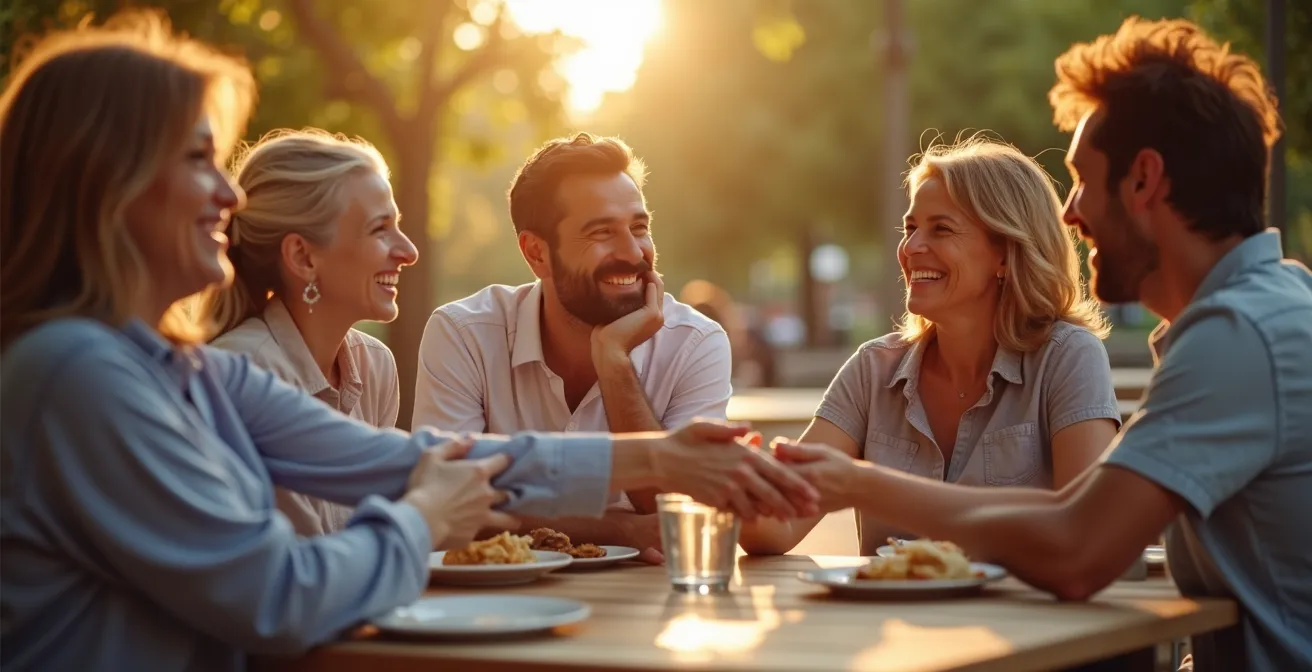 Gruppo di adulti che ridono insieme in un momento di relax al parco