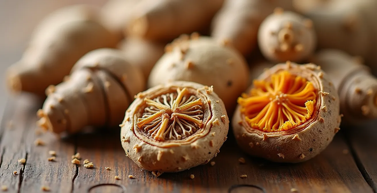 Dettaglio macro di radici di ashwagandha e rodiola su superficie naturale