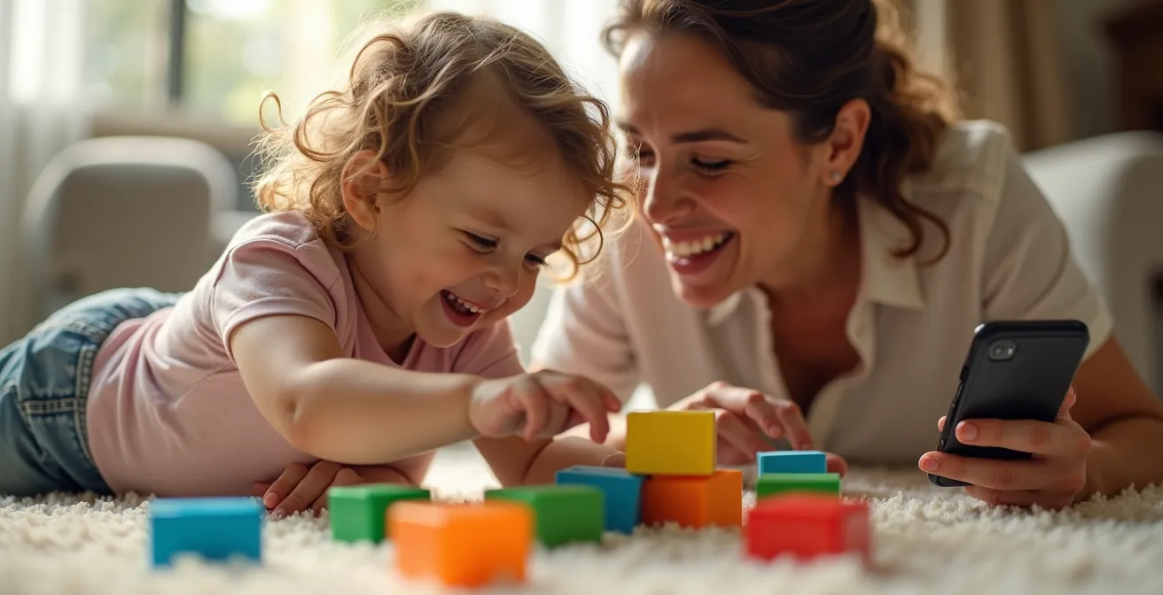 Madre completamente immersa nel gioco con il figlio, smartphone lontano