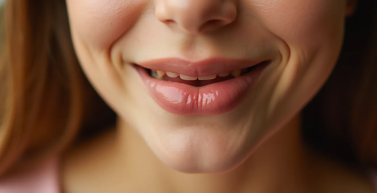 Primo piano di persona che mastica lentamente con espressione serena