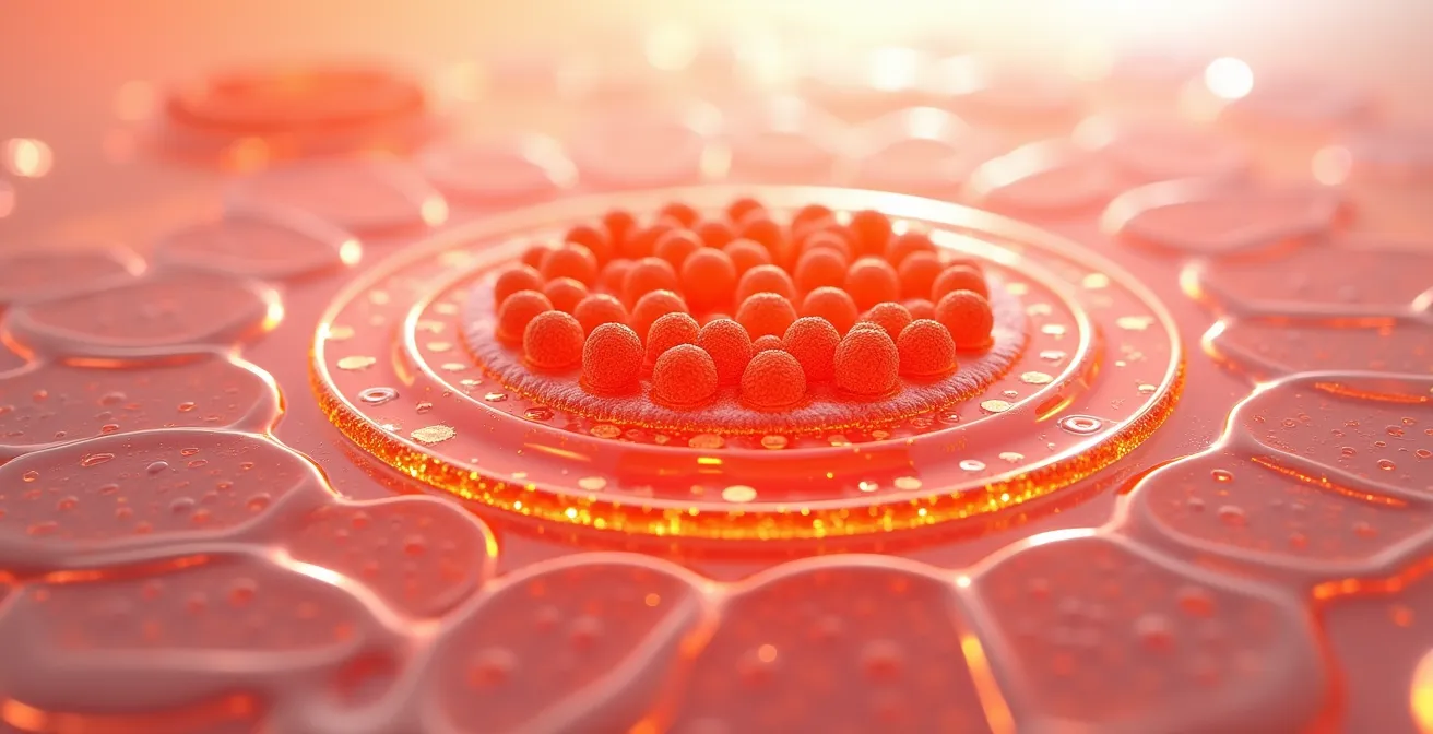 Dettaglio macro della struttura molecolare dell'astaxantina che attraversa una membrana cellulare