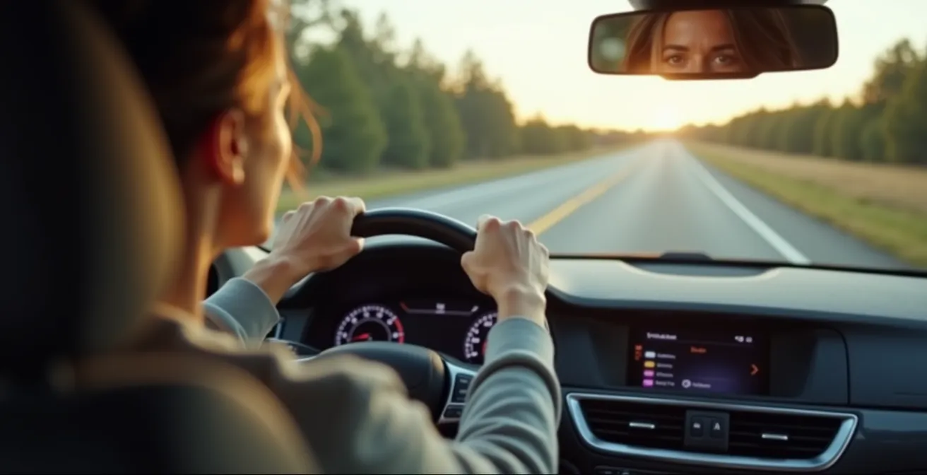 Persona al volante di un'auto con vista sulla strada dall'interno