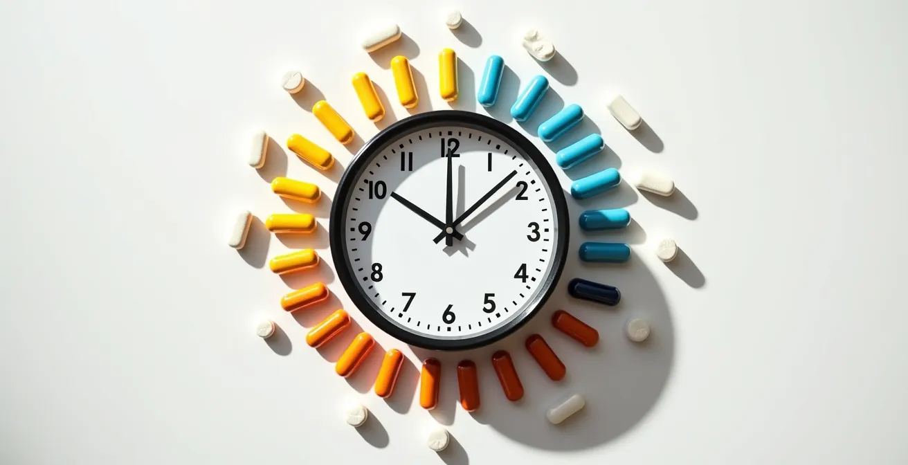 Composizione minimalista con orologio e capsule colorate che rappresentano il timing ottimale