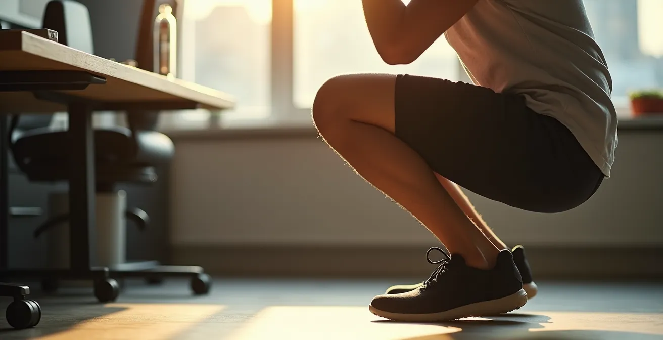 Persona che esegue esercizi discreti vicino alla scrivania in un ambiente lavorativo moderno