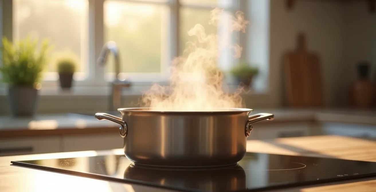 Pentola a pressione moderna su piano cottura con vapore e luce calda ambientale