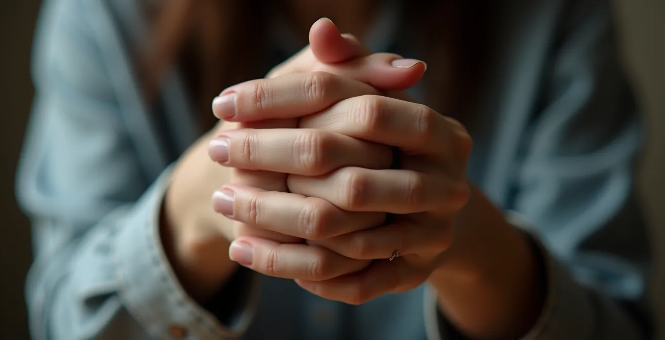 Primo piano di mani che si stringono in tensione, espressione di stress emotivo