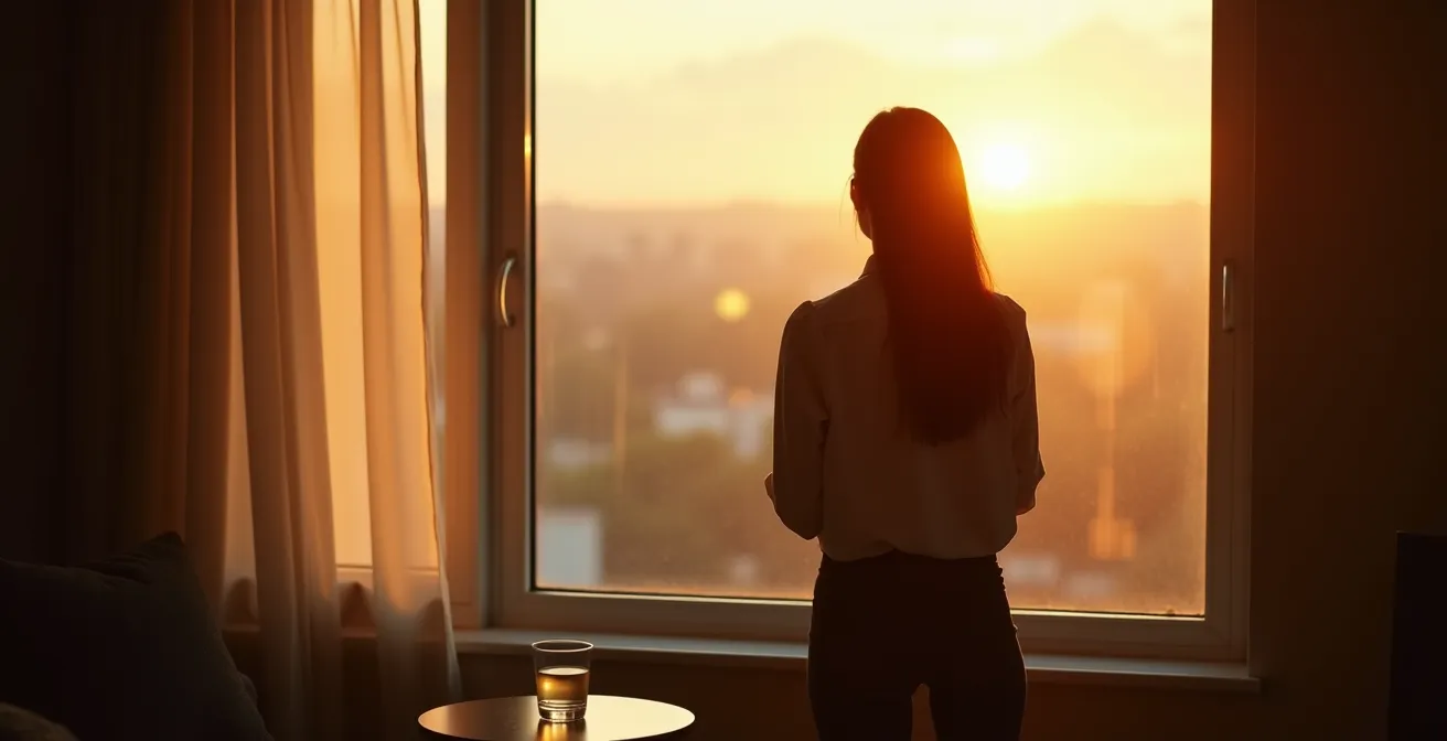 Persona di spalle che guarda dalla finestra con luce mattutina morbida che illumina il profilo