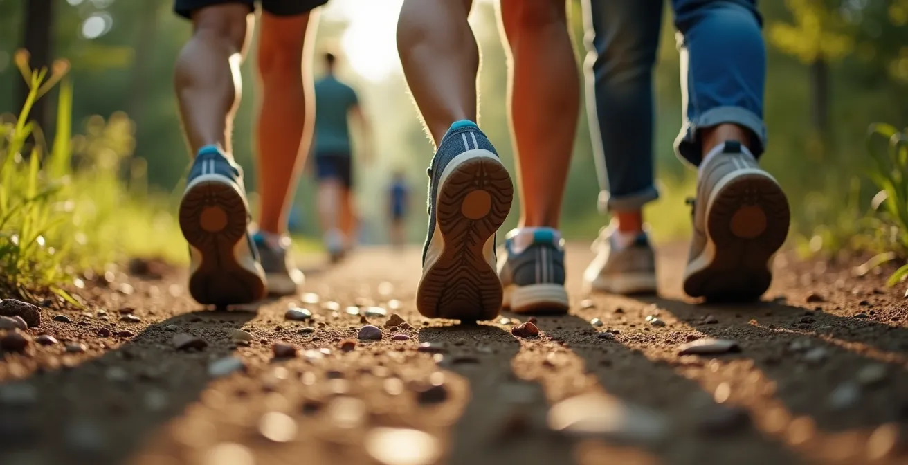 Gruppo di persone che camminano insieme in un sentiero naturale, vista dall'alto