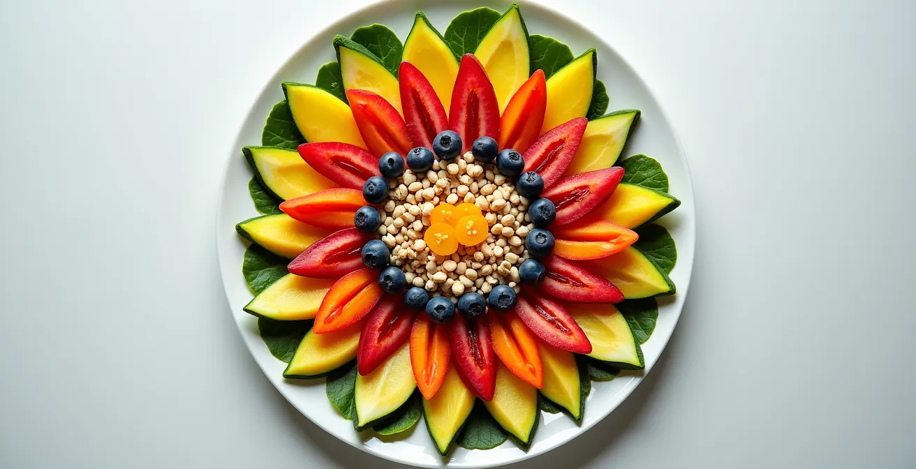 Vista dall'alto di piatto colorato con verdure, proteine e cereali disposti armoniosamente