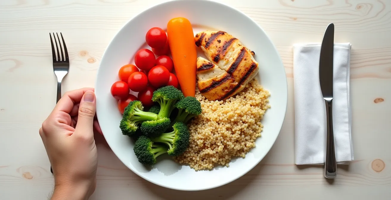 Piatto visto dall'alto con verdure colorate, cereali e proteine disposti secondo lo schema del piatto sano