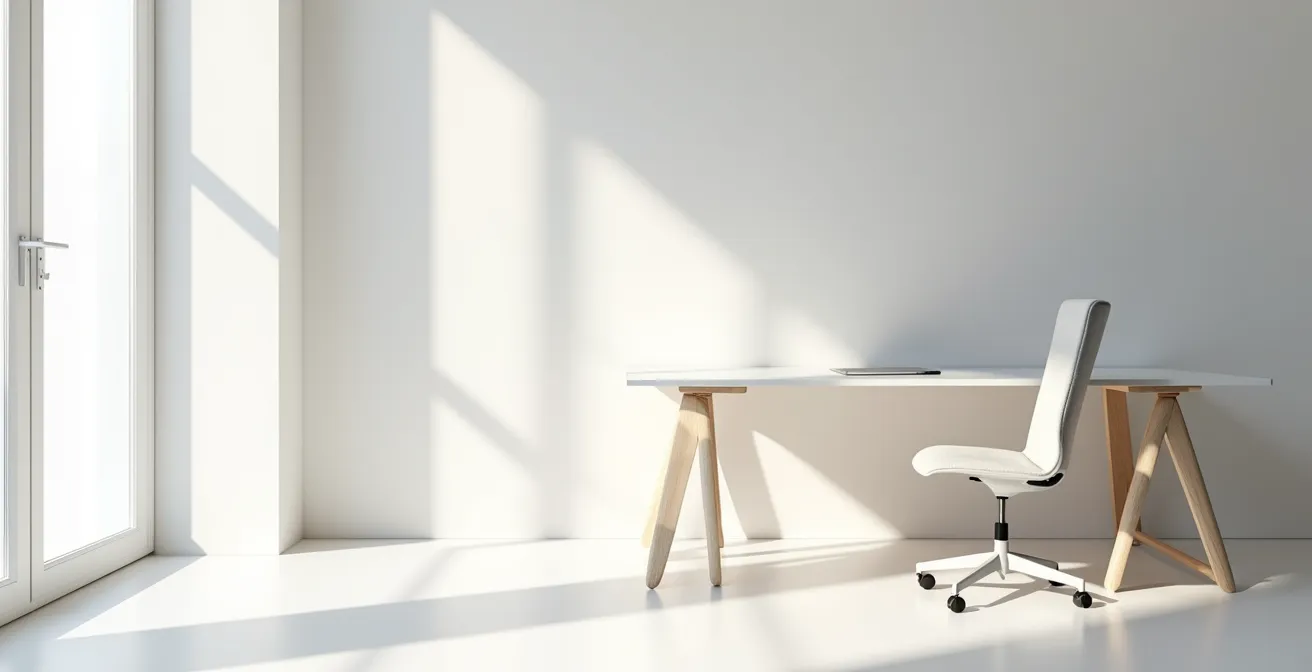 Vista laterale di una postazione di lavoro che mostra l'allineamento corretto tra monitor, sedia e colonna vertebrale