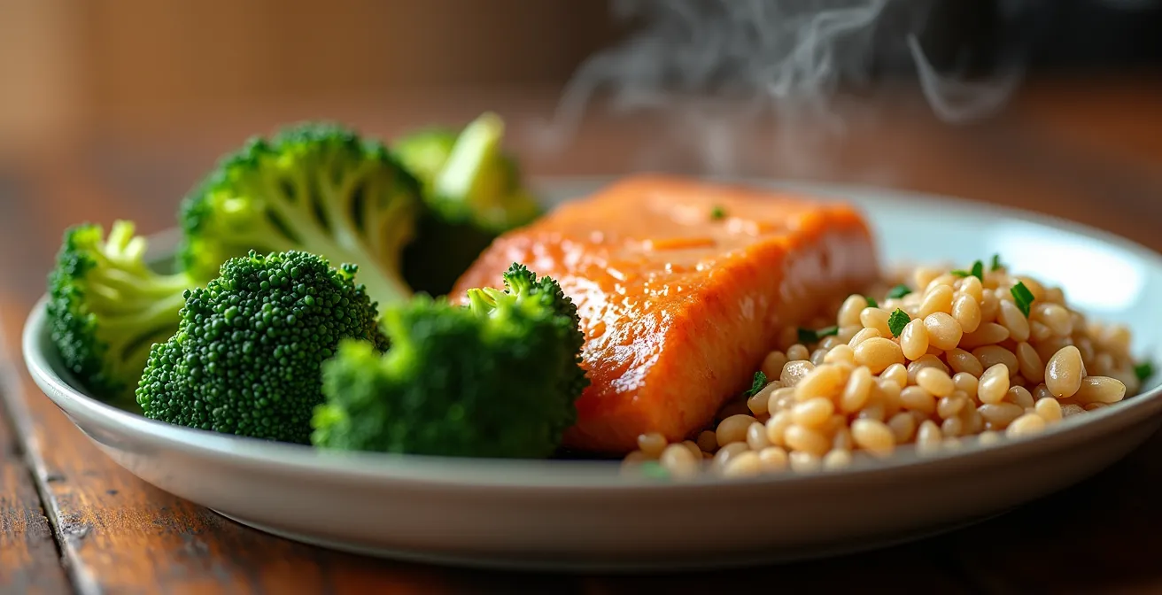 Vista dall'alto di un piatto diviso visivamente con verdure colorate, proteine e cereali integrali nelle giuste proporzioni