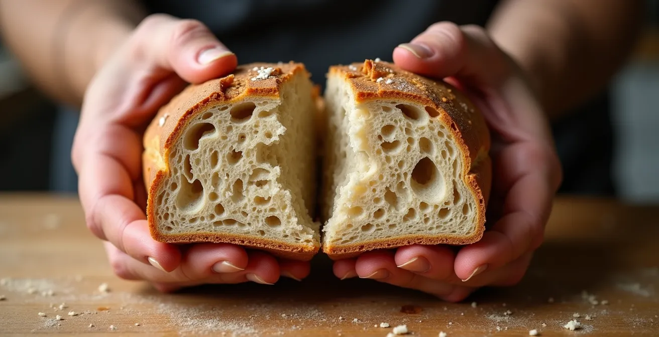 Sezione di pane integrale autentico con texture irregolare e chicchi visibili