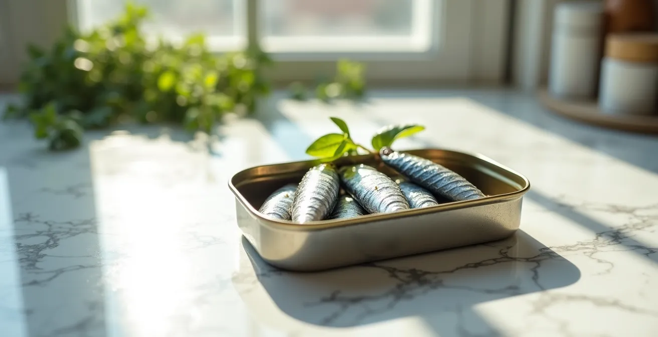 Sardine in scatola aperta mostrando il pesce intero con lische commestibili