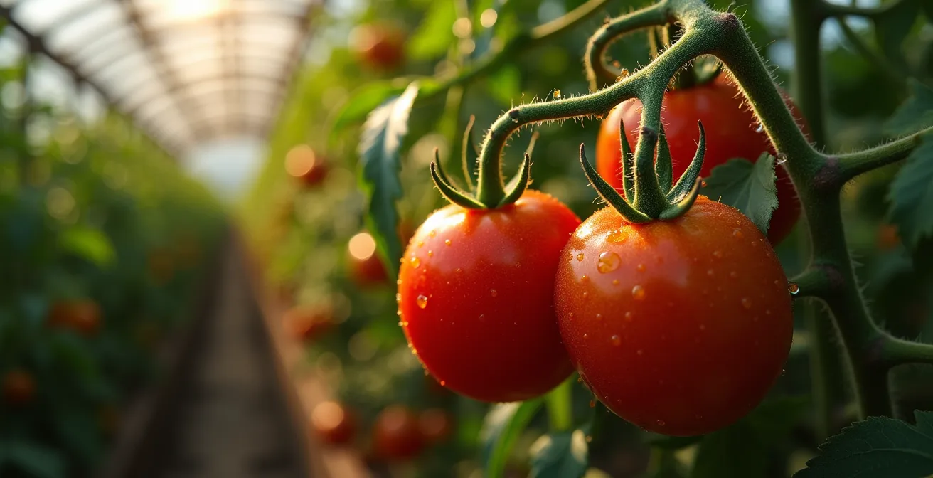 Vista macro di pomodori in serra con condensazione e illuminazione artificiale drammatica