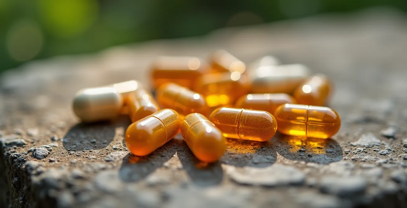 Rappresentazione macro di integratori vitaminici su superficie naturale