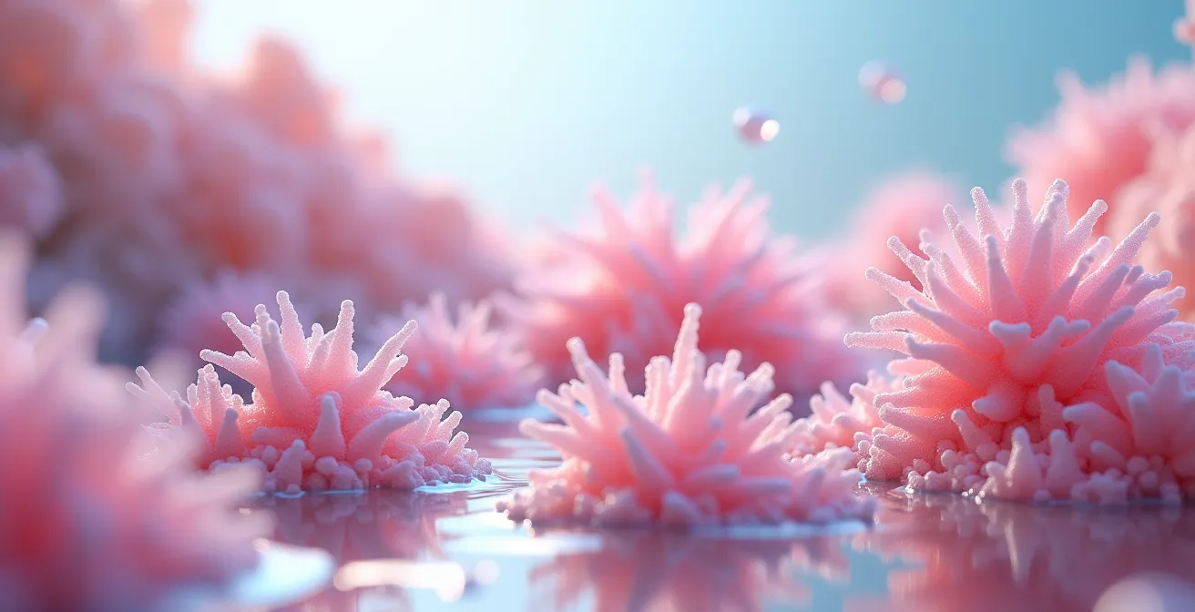 Vista microscopica del tessuto linfoide intestinale con cellule immunitarie