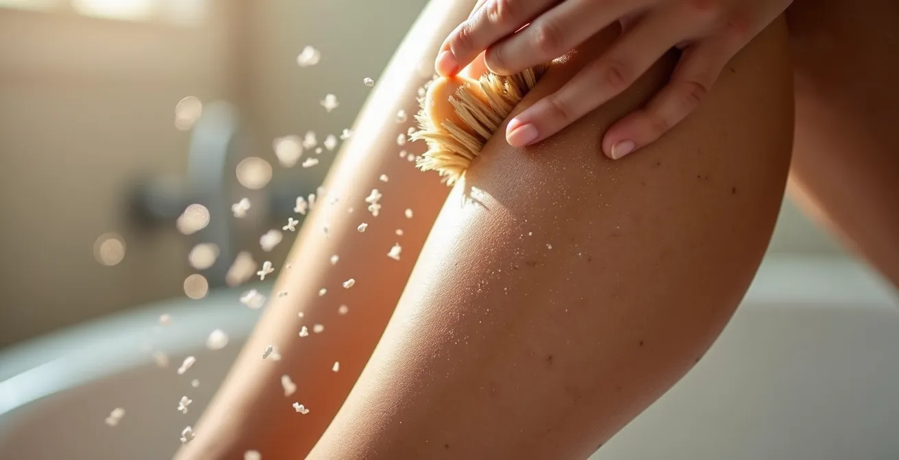 Dimostrazione del dry brushing su gambe con frecce che indicano il movimento linfatico verso il cuore