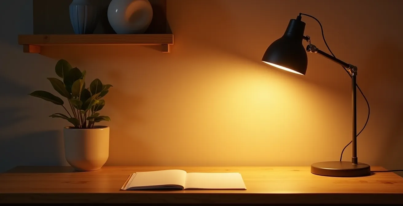 Postazione di lavoro con illuminazione stratificata e lampade calde