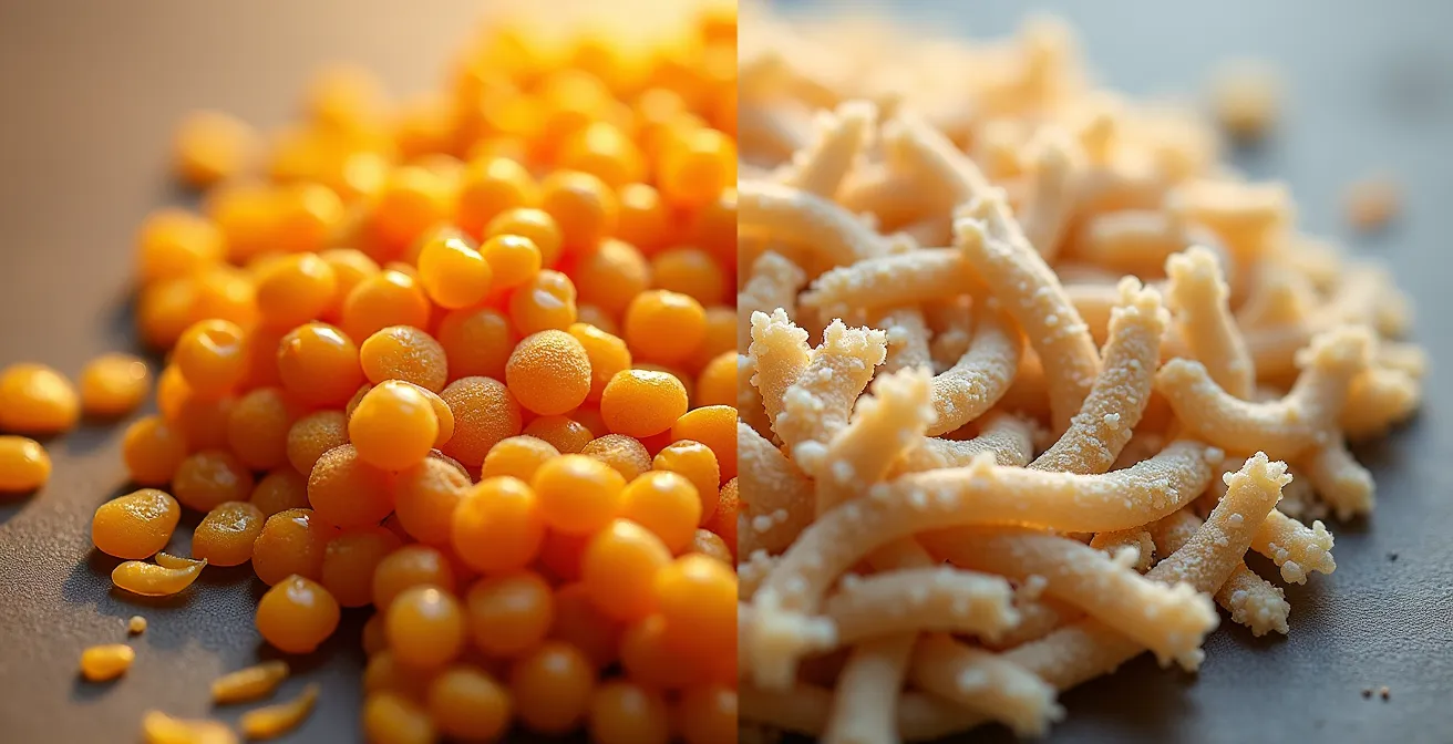 Dettaglio macro della texture del tempeh fermentato e del seitan