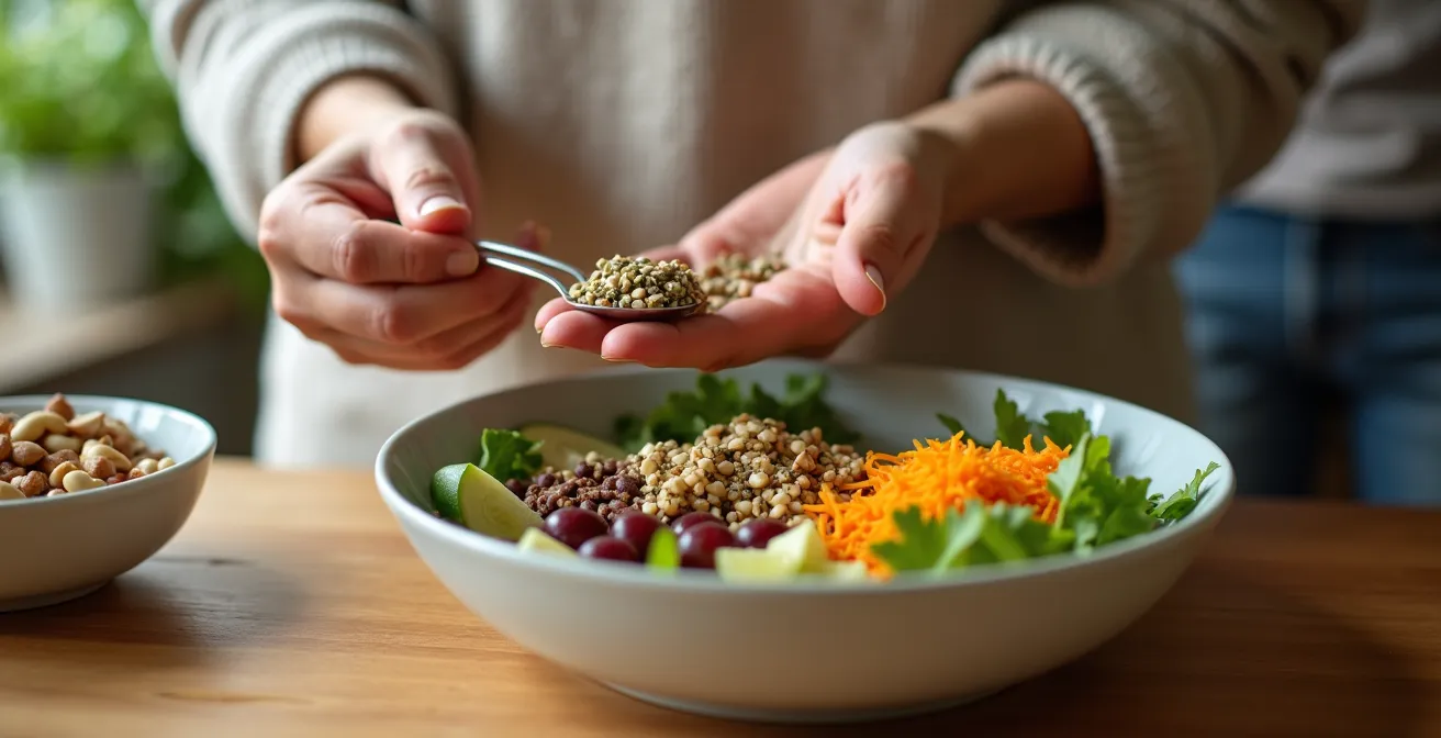 Piatto pronto arricchito con semi, noci e verdure fresche