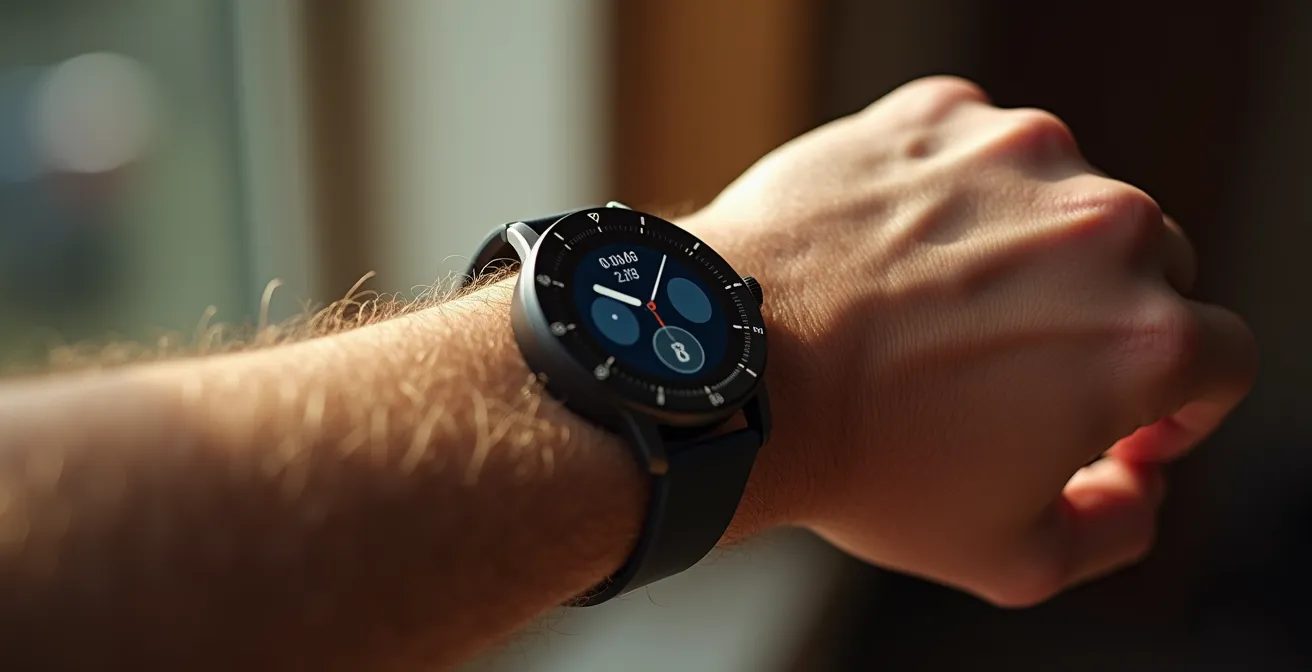 Primo piano di smartwatch che mostra dati HRV su polso atletico